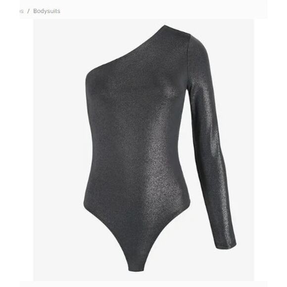 New NWT Express Body Contour One Sleeve Metallic Thong Body Suit XL Black Silver - Picture 4 of 10